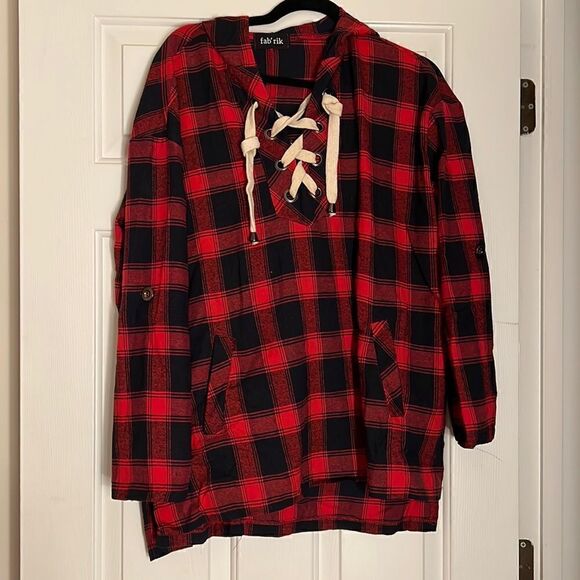 Fab’rik Flannel Hooded Long Sleeve Tunic Top L